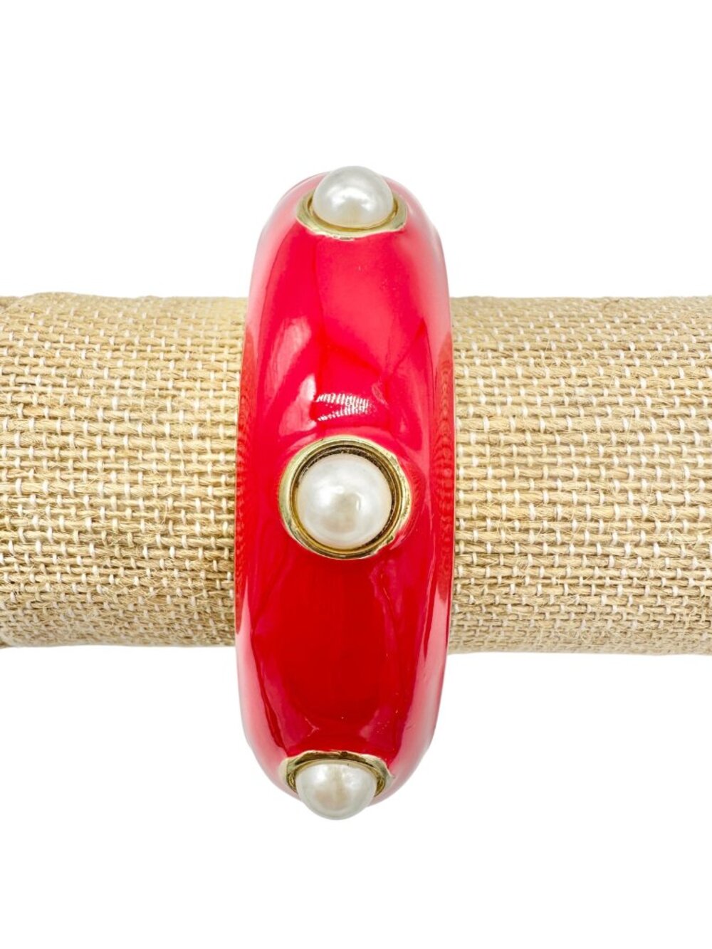 Vintage Red Enamel and Faux Pearl Hinged Bangle Bracelet Gold Accents 7 Inches